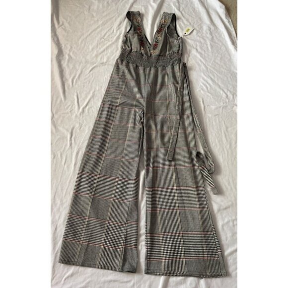 Plaid Jumpsuit With Embroidered Floral Details V-Neckline & Removable Belt By Co - Picture 1 of 13